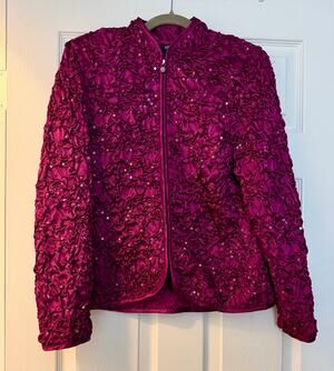 MSK Magenta Sequin Crinkle Texture Zip-Up Evening Jacket. Size Large Petite.